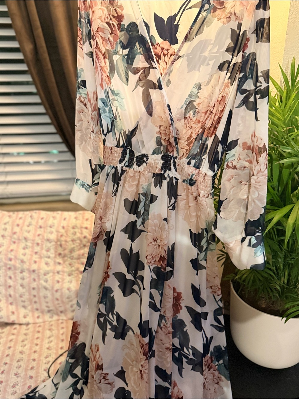 Floral Wrap-Front Long Sleeve Maxi Dress - Cream/Blush Floral